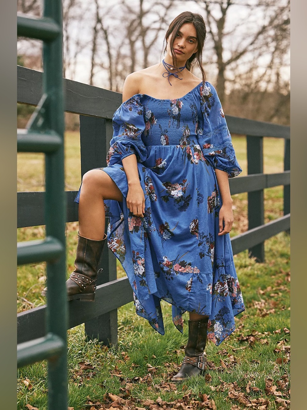 Free People Blue Morning Glory Long Sleeve  Floral Maxi Dress w Smocked Bodice